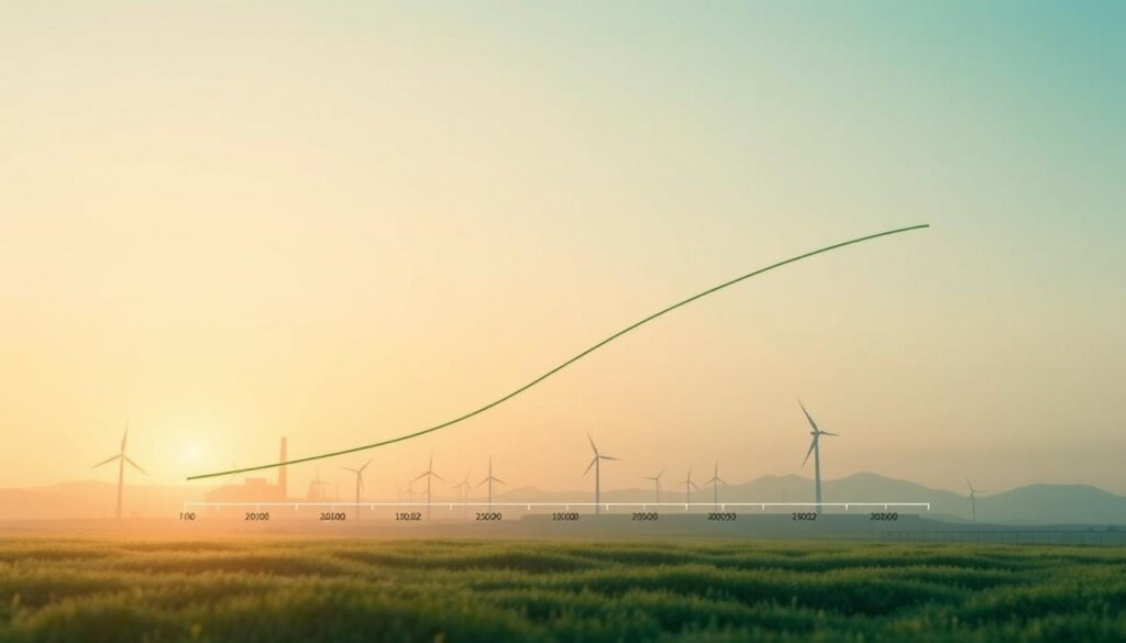 A detailed, data-driven cost curve illustrating the future trajectory of green hydrogen prices, set against a clean, minimalist backdrop. In the foreground, a precise line graph depicts the expected decline in production costs over time, driven by factors like subsidies, economies of scale, and infrastructure development. The mid-ground features subtle references to these key influences, such as factory silhouettes, wind turbines, and pipeline networks. The background is a serene, gradient-based color field, providing a sense of depth and emphasizing the data-focused nature of the visualization. The overall tone is one of hopeful optimism, conveying the promising future of this clean energy technology.