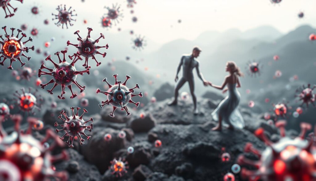 A detailed illustration of oxidative stress immune modulation. In the foreground, depict immune cells such as T cells, B cells, and macrophages engaged in a dynamic dance, their interactions highlighted by vibrant colors and intricate patterns. In the middle ground, showcase the cellular mechanisms of oxidative stress, with reactive oxygen species and free radicals interacting with cellular structures. In the background, incorporate a subtle, ethereal landscape suggesting the broader context of the human body and its complex systems. Use a combination of realistic and abstract elements, with a soft, muted color palette to convey a sense of balance and harmony. Employ a wide-angle lens to capture the interplay of the various components, and utilize dramatic lighting to emphasize the depth and complexity of the scene.