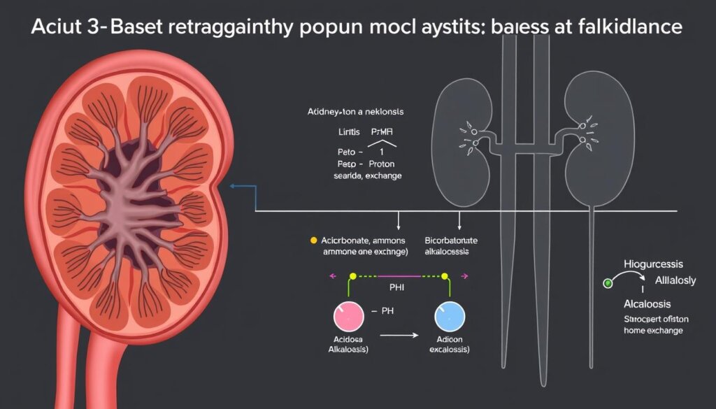 A detailed illustration of the dynamic regulation of acid-base balance by the kidneys. In the foreground, a cross-section of a kidney nephron showcases the intricate tubular structure involved in regulating hydrogen ion concentration. The middle ground depicts the metabolic processes of acidosis and alkalosis, with visualizations of the complex interplay between bicarbonate, ammonia, and proton exchange. The background features a stylized anatomical diagram of the urinary system, emphasizing the kidneys' crucial role in maintaining the body's pH homeostasis. Rendered in a technical, scientific style with muted colors and precise linework, the image conveys the sophisticated physiological mechanisms that allow the kidneys to adapt to changes in the body's acid-base balance.