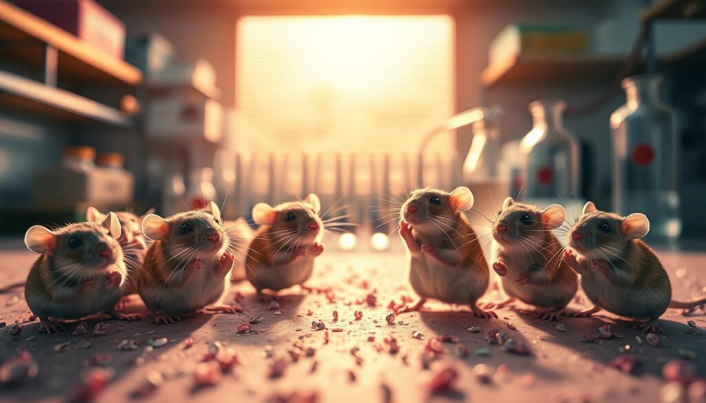 A detailed microscopic scene depicting the fasting blood glucose levels in rats and mice. In the foreground, a cluster of rodents are shown in various poses, their paws delicately poised as they undergo glucose testing. The middle ground features a well-lit laboratory setting, with test tubes and scientific instruments arrayed neatly. In the background, a subtle bokeh effect highlights the intricate cellular structures and biochemical processes underlying the glucose metabolism. Warm, natural lighting illuminates the scene, creating a sense of scientific inquiry and discovery. The overall mood is one of clinical precision and curiosity, inviting the viewer to delve deeper into the cellular and animal insights revealed by this research.