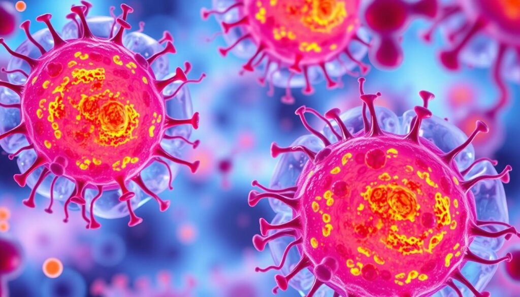 A detailed microscopic view of oxidative stress in human cells. Illustrate the process of free radical production and their damaging effects on cellular structures and DNA. Depict mitochondria, cell membranes, and other organelles under high magnification, with vibrant colors and textures to convey the dynamic nature of this process. Utilize a soft, diffused lighting setup to create a sense of scientific scrutiny and clinical investigation. Maintain a balanced, harmonious composition that highlights the key elements without becoming overly cluttered or chaotic.