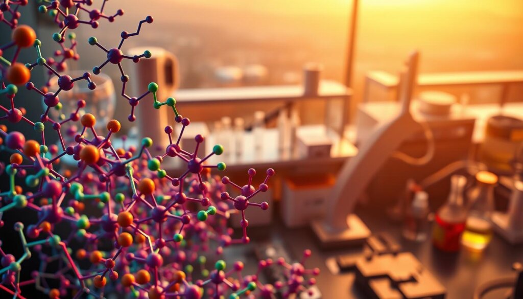 A detailed molecular diagram depicting the intricacies of biochemical and biophysical research. In the foreground, a vibrant display of complex molecular structures, color-coded to represent various biomolecular pathways. In the middle ground, a series of scientific instruments and laboratory equipment, conveying the technical precision required for this specialized field. In the background, a softly blurred landscape of research facilities, hinting at the broader context of medical gas research. The lighting is warm and inviting, creating a sense of depth and emphasizing the intricate details of the biochemical structures. The camera angle is slightly elevated, providing an overview of the scene and capturing the essence of the "evidence at a glance" concept.