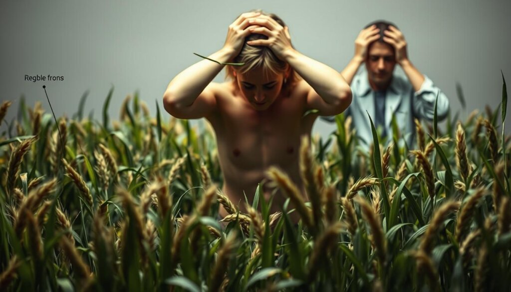 A detailed scene depicting the potential side effects of wheat grass and barley grass. In the foreground, an array of digestive issues such as bloating, gas, and abdominal discomfort are visually represented. The middle ground features a person experiencing skin irritation, rashes, and allergic reactions. In the background, a person suffers from headaches, dizziness, and fatigue, conveying the neurological impacts. The lighting is soft and muted, creating a somber, cautionary tone. The composition is balanced, drawing the viewer's attention to the various adverse effects through careful placement and detail. An overall sense of unease and caution pervades the scene, underscoring the need for moderation and individual tolerance when consuming these supplements.