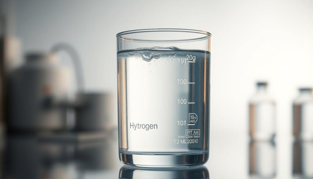 A glass beaker filled with clear, shimmering hydrogen-rich water, glowing with a subtle iridescent hue. The liquid's surface reflects the warm, soft lighting from above, creating a serene and inviting atmosphere. In the background, a blurred white background suggests a clean, sterile laboratory setting. The image conveys a sense of purity, innovation, and the potential health benefits of this specialized water.