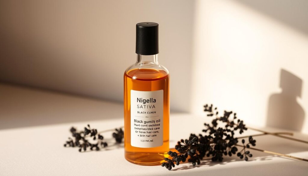 A glass bottle filled with rich, golden-brown nigella sativa (also known as black cumin) oil, positioned on a minimalist, light-colored background. The bottle's label features the plant's name and its key properties for skin and hair care. Soft, diffused lighting casts a warm, inviting glow on the scene, highlighting the oil's natural vibrancy. The composition emphasizes the bottle's elegant simplicity, inviting the viewer to appreciate the versatile benefits of this ancient botanical ingredient. The overall mood is one of natural wellness and timeless, herbal remedies.
