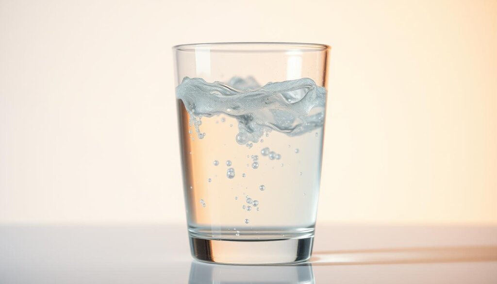 A glass container filled with a clear liquid, gently swirling and sparkling with tiny, iridescent hydrogen bubbles. The liquid's surface reflects the ambient lighting, creating a soft, hazy glow. The scene is bathed in a warm, natural light, casting subtle shadows and highlights that accentuate the fluid dynamics of the dissolved gas. The composition is centered, with the glass container occupying the middle ground, surrounded by a minimalist, neutral-toned background to ensure the focus remains on the captivating hydrogen-infused liquid.