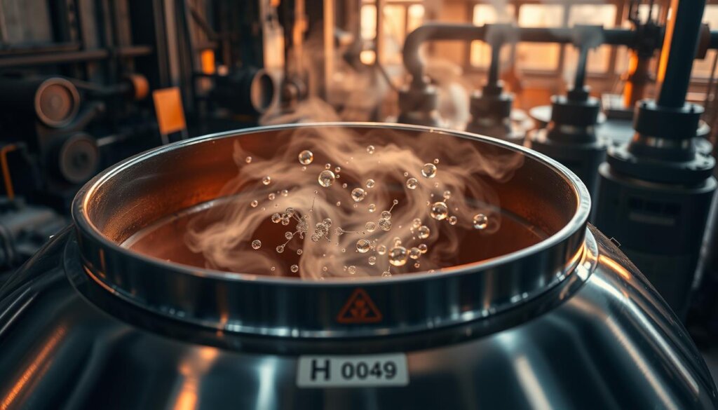 A gleaming steel vessel, its polished surface reflecting the warm glow of an industrial furnace. Inside, a swirling maelstrom of hydrogen gas, its molecules dancing in a mesmerizing choreography, harnessing the power of this lightest element to drive the processes of heavy industry. In the background, the shadowy silhouettes of metal fabrication equipment stand vigil, testament to the pivotal role this versatile gas plays in the decarbonization of steel, glass, and other vital manufacturing sectors. Captured in sharp focus, this image conveys the importance of hydrogen as a clean energy source, poised to revolutionize the heavy industries upon which our modern world depends.