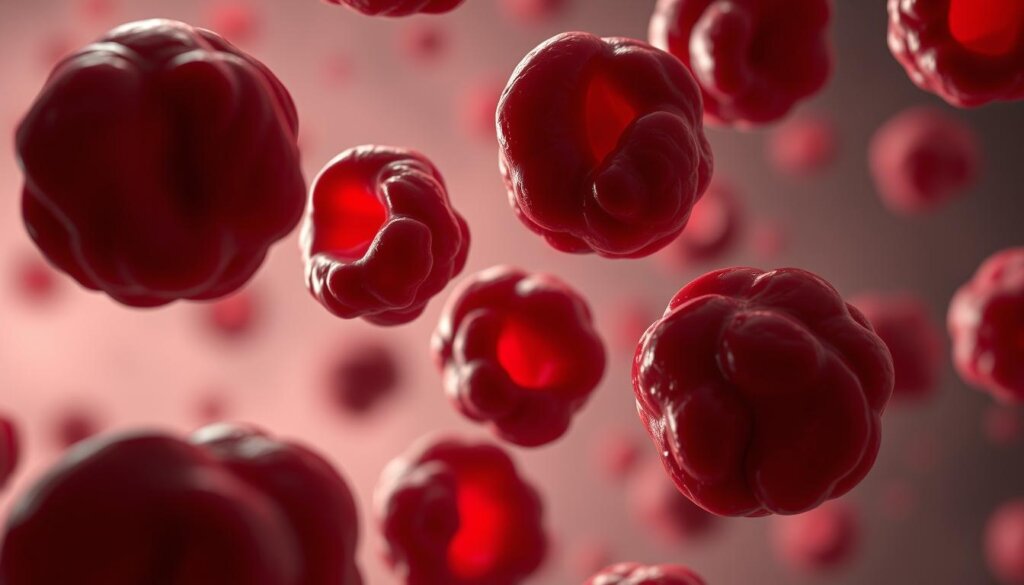 A high-contrast close-up of malformed, irregularly shaped red blood cells, displaying a range of abnormalities such as distorted shapes, uneven sizes, and discoloration. The cells are rendered with a detailed, textural appearance, illuminated by a soft, directional light that casts subtle shadows, emphasizing the irregular contours. The background is a muted, out-of-focus medical or scientific setting, suggesting a clinical or laboratory context. The overall mood is one of clinical detachment, highlighting the pathological nature of the subject matter. A high-contrast close-up of malformed, irregularly shaped red blood cells, displaying a range of abnormalities such as distorted shapes, uneven sizes, and discoloration. The cells are rendered with a detailed, textural appearance, illuminated by a soft, directional light that casts subtle shadows, emphasizing the irregular contours. The background is a muted, out-of-focus medical or scientific setting, suggesting a clinical or laboratory context. The overall mood is one of clinical detachment, highlighting the pathological nature of the subject matter.