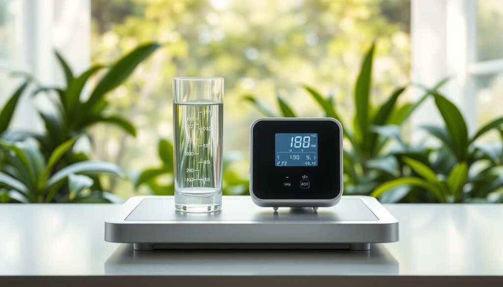 A high-quality hydrogen water test device is the centerpiece, placed on a sleek, minimalist tabletop. The device features a digital display showing clear water levels and stability metrics. Surrounding the device, a soothing, natural environment with lush greenery and soft, diffused lighting creates a calming, wellness-focused atmosphere. The image conveys a sense of precision, attention to detail, and the importance of choosing the right hydrogen water system for optimal health benefits.