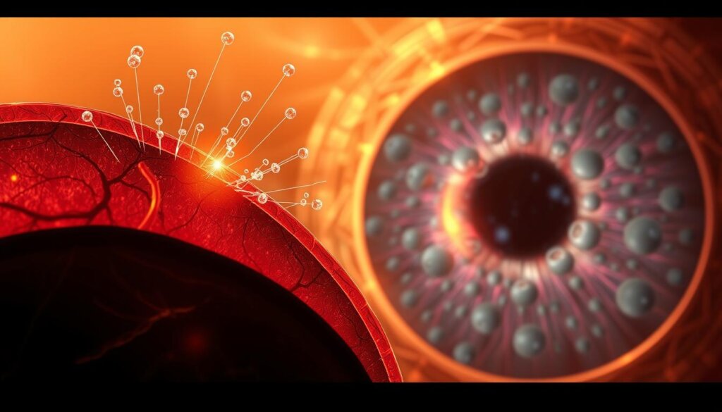 A high-resolution, detailed illustration of diabetic retinopathy and oxidative stress. The foreground depicts a cross-section of the retinal layer, showcasing the vascular damage and capillary occlusion characteristic of the condition. Glowing reactive oxygen species radiate outward, highlighting the role of oxidative stress. In the middle ground, a magnified view of the retinal cells, with mitochondria and other organelles visible, underscoring the cellular impacts. The background features a subtly glowing, abstract representation of the eye's anatomy, creating a sense of depth and biological context. Warm, natural lighting casts a soft, biomedical glow over the entire scene, conveying the clinical yet impactful nature of the subject matter.