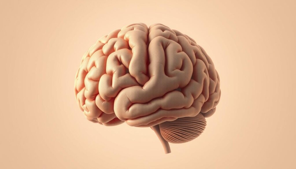 A highly detailed anatomical illustration of the human brain, showcasing its intricate structures and neural pathways. The brain is rendered in a soft, muted color palette, with a subtle warm lighting that emphasizes the organic textures and contours. The image has a serene, contemplative mood, conveying the brain's role in mental well-being, mood regulation, and neuroprotective processes. The composition places the brain in the center, with a clean, minimalist background that allows the subject to be the focal point. The level of detail and scientific accuracy is suitable for use in a wellness-focused article on the relationship between brain health and anti-aging.