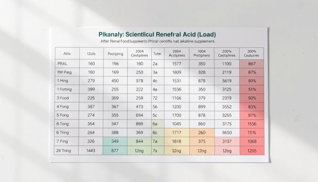 A highly detailed, scientifically accurate chart showcasing the Potential Renal Acid Load (PRAL) values of various alkaline foods. The chart is presented on a clean, minimalist background with a soft, natural lighting. The layout is well-organized, with clear sections for different food categories, and the PRAL values prominently displayed in a legible, easy-to-read format. The overall mood is informative and educational, designed to help the viewer make an informed decision when choosing the right alkaline food supplement.