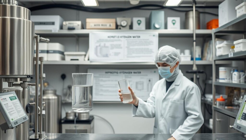 A laboratory setting with stainless steel equipment and protective gear. In the foreground, a scientist in a white lab coat carefully handling a beaker of hydrogen-infused water. The middle ground shows a diagram or chart explaining the properties and safety considerations of hydrogen water. The background features shelves of scientific equipment, charts, and safety signage. Soft, even lighting illuminates the scene, creating a sense of professionalism and attention to detail. The overall atmosphere conveys a controlled, educational environment focused on the responsible use and understanding of hydrogen water for health and wellness applications.