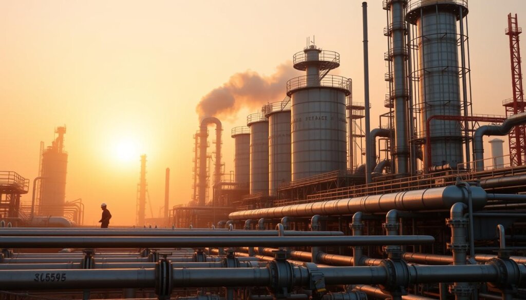 A large-scale industrial refinery complex with towering steel tanks and pipes, surrounded by a hazy, orange-tinted sky at sunset. In the foreground, a network of metallic tubes and valves, symbolizing the hydrogen gas distribution system. The middle ground features workers in protective gear monitoring the refining process, while in the background, a plume of steam or vapor rises from the facility, highlighting the energy-intensive nature of the operations. The scene conveys the importance of hydrogen in the refining of crude oil into cleaner, more efficient fuels.