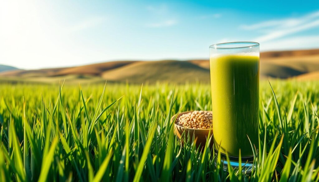 A lush, verdant field of vibrant barley grass sways gently in the warm, golden sunlight. In the foreground, a glass of freshly juiced barley grass, its vibrant green hue capturing the essence of nature's healing power. In the middle ground, a bowl of whole barley grains, a testament to the versatility of this superfood. The background features a tranquil, pastoral scene with rolling hills and a clear blue sky, creating a serene and calming atmosphere. The lighting is soft and diffused, casting a natural, organic glow over the entire composition. Captured with a wide-angle lens, this image invites the viewer to immerse themselves in the restorative properties of this remarkable plant.