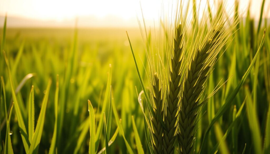 A lush, vibrant field of verdant barley grass sways gently in the warm sunlight. The blades glisten with morning dew, casting a soft, ethereal glow. In the foreground, a cluster of the nutrient-rich leaves stands tall, their deep green hues accentuated by the delicate, feathery texture. The middle ground reveals a panoramic view of the flourishing barley crop, its density and uniformity showcasing the plant's robust and healthy growth. The background fades into a hazy, pastel-tinged sky, creating a serene and peaceful atmosphere. This image captures the essence of the restorative power of green barley, inviting the viewer to appreciate its potential for wellness and healing.