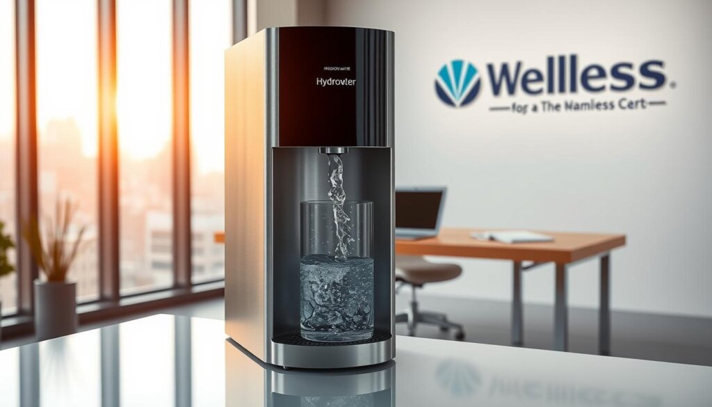 A modern, sleek, and minimalist office interior showcasing the Wellness Group's hydrogen water product. In the foreground, a brushed metal water dispenser emits a gentle stream of bubbling hydrogen water. Behind it, a large window with a cityscape view illuminates the space with warm, natural light. The middle ground features a clean, wooden desk with a laptop and documents neatly arranged, conveying a sense of professionalism and attention to detail. The background showcases the Wellness Group's logo and branding subtly displayed on the wall, establishing a strong visual identity. The overall atmosphere is one of wellness, innovation, and a commitment to providing high-quality health solutions.