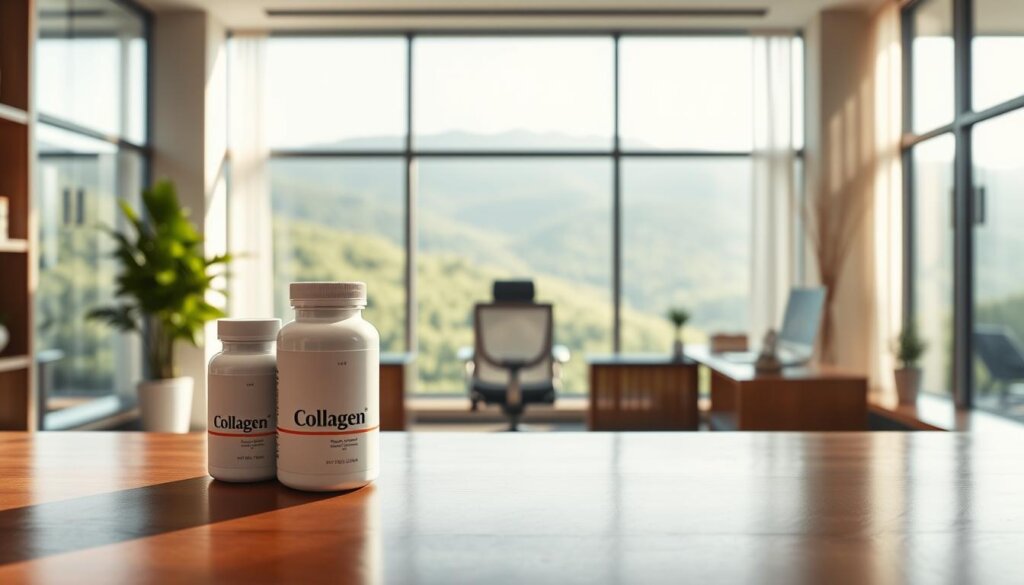 A modern, well-lit office interior with a large, glossy wooden desk in the foreground. On the desk, a stack of high-quality collagen supplement bottles in sleek, minimalist packaging. Behind the desk, a floor-to-ceiling window offers a scenic view of a lush, green landscape. The room is bathed in warm, natural lighting, creating a sense of trustworthiness and professionalism. In the middle ground, a stylish, ergonomic office chair sits invitingly, suggesting a welcoming and reliable business environment. The background features tasteful, modern decor elements that reinforce the brand's dedication to health, wellness, and quality.