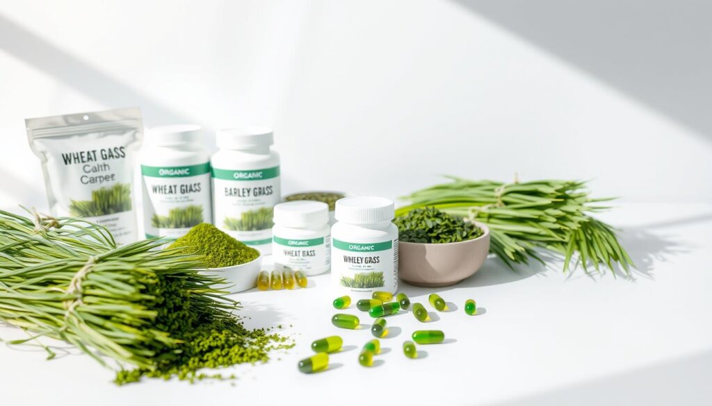 A neatly arranged display of organic wheat grass and barley grass products, including powder, capsules, and fresh bundles. The products are presented on a clean white surface, with natural lighting casting soft shadows and highlighting their vibrant green hues. The foreground features the individual items, while the middle ground showcases the overall arrangement in a visually appealing and professional manner. The background maintains a minimalist, uncluttered aesthetic to draw the viewer's attention to the high-quality supplements. The overall mood is one of health, wellness, and natural purity, reflecting the premium quality of the wheat grass and barley grass offerings.