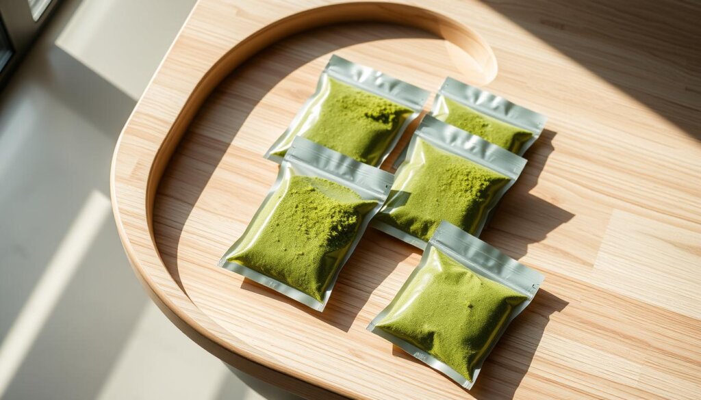 A neatly arranged display of premium quality barley grass powder packets on a sleek, contemporary wooden surface. The vibrant green powder is visible through the transparent packaging, accentuating its natural purity. Crisp, natural lighting from the side casts subtle shadows, lending depth and dimension to the scene. The overall presentation conveys a sense of health, wellness, and high-end quality befitting a premium Malaysian supplement brand. The image is captured at a slightly elevated angle, allowing the viewer to appreciate the minimalist, elegant design of the product. A neatly arranged display of premium quality barley grass powder packets on a sleek, contemporary wooden surface. The vibrant green powder is visible through the transparent packaging, accentuating its natural purity. Crisp, natural lighting from the side casts subtle shadows, lending depth and dimension to the scene. The overall presentation conveys a sense of health, wellness, and high-end quality befitting a premium Malaysian supplement brand. The image is captured at a slightly elevated angle, allowing the viewer to appreciate the minimalist, elegant design of the product.