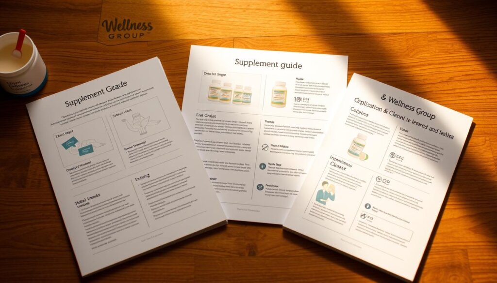 A neatly organized supplement usage guide displayed on a wooden tabletop, illuminated by warm, diffused lighting. The guide features clean, minimalist layouts with detailed illustrations and step-by-step instructions for optimal usage. The pages are arranged in a visually appealing manner, showcasing the Wellness Group branding subtly. The overall atmosphere conveys a sense of wellness, trust, and professionalism, guiding the viewer through the effective application of the detox and cleanse supplements.