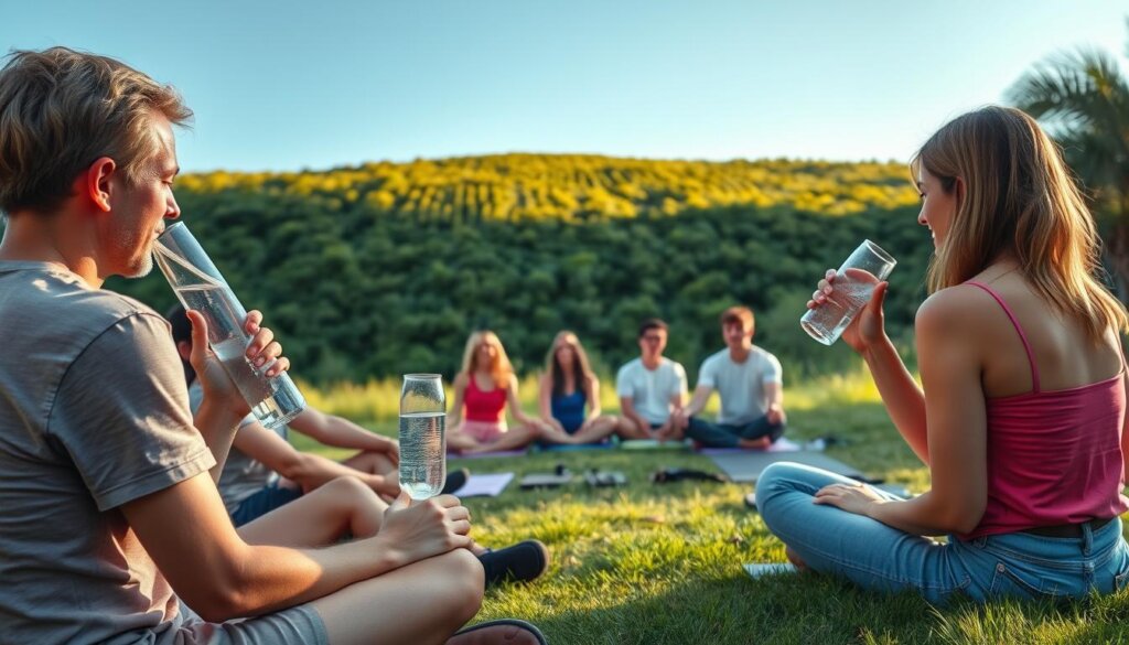 A peaceful, sunlit gathering of friends enjoying hydrogen-rich water on a grassy outdoor setting. In the foreground, two people share a casual conversation while sipping from glass bottles. In the middle ground, a group of four friends sit cross-legged on yoga mats, engaged in relaxed discussion. Behind them, a lush green landscape frames the scene, with a clear blue sky overhead. Soft, natural lighting casts a warm, inviting glow over the entire tableau. The atmosphere is one of mindfulness, wellness, and the simple pleasures of sharing a healthy drink in good company.