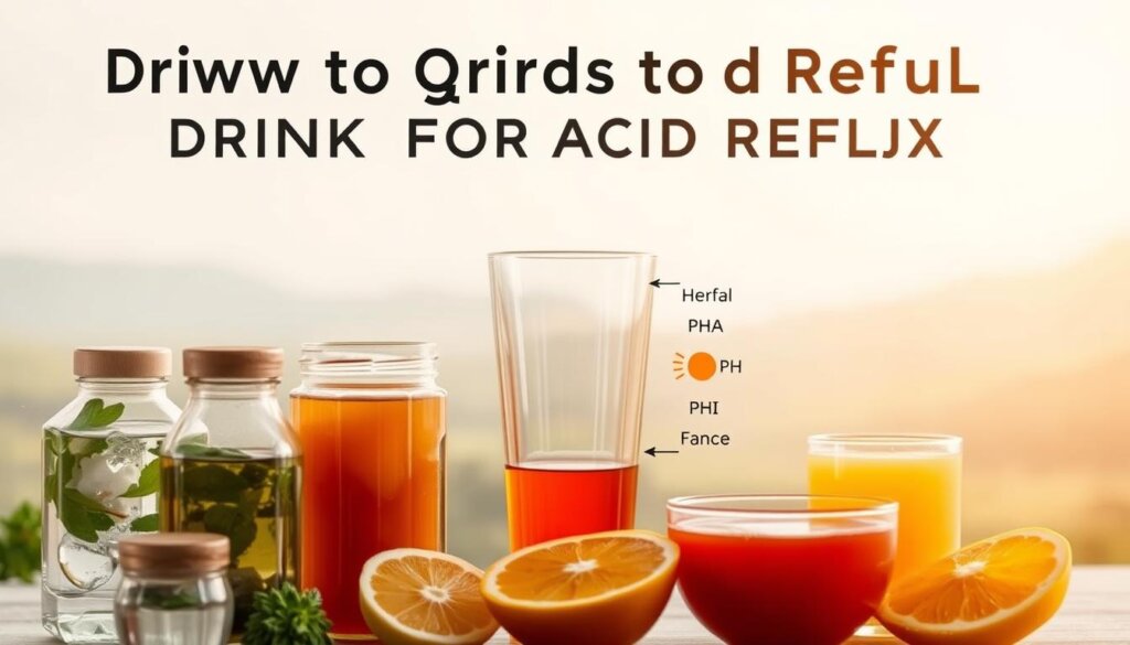 A practical guide to drinking for acid reflux, presented in a clean, evidence-based manner. In the foreground, a collection of common beverages - water, herbal tea, and low-acid juices - arranged thoughtfully. The middle ground showcases a neutral-colored glass and a stylized diagram highlighting the ideal pH range for reflux-friendly hydration. The background features a soft, blurred landscape, evoking a sense of wellness and balance. Warm, diffused lighting from above casts a soothing glow, while the camera angle is slightly elevated to convey a sense of authority and expertise on the subject matter.