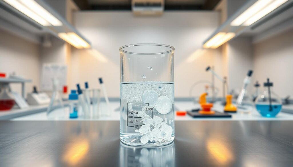 A pristine, well-lit laboratory setting. In the foreground, a clear glass beaker filled with a bubbling, effervescent liquid - hydrogen peroxide, its translucent nature and gentle fizzing capturing its chemical dynamism. The beaker is placed upon a sleek, stainless steel countertop, its reflective surface adding depth and sophistication to the scene. In the middle ground, various laboratory equipment, such as pipettes, test tubes, and Bunsen burners, are neatly arranged, suggesting the multifaceted applications of this versatile compound. The background is a softly blurred expanse of white walls, conveying a sense of clinical precision and scientific exploration. Warm, diffused lighting from overhead fixtures illuminates the entire composition, creating a mood of discovery and inquiry.