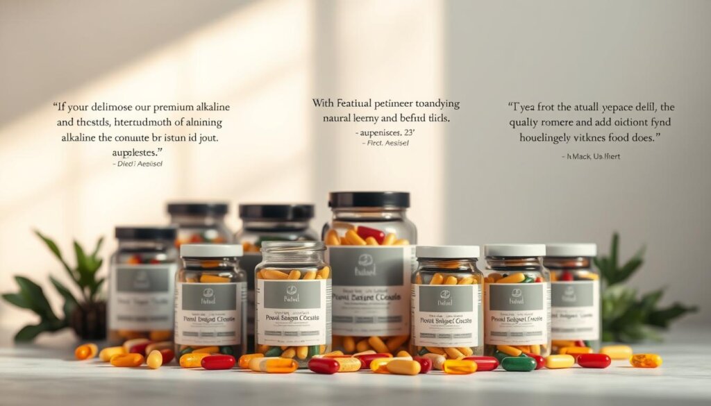 A serene and inviting scene showcasing an array of customer testimonials for a premium alkaline food supplement. In the foreground, glass jars filled with colorful, natural capsules are thoughtfully arranged, their labels prominently displayed. Behind them, a subtle background features soft, muted tones that create a calming, therapeutic atmosphere. Warm, natural lighting from above gently illuminates the scene, casting a gentle glow and emphasizing the high-quality, wellness-focused nature of the supplements. The overall composition conveys a sense of trust, authenticity, and a commitment to delivering a superior customer experience.