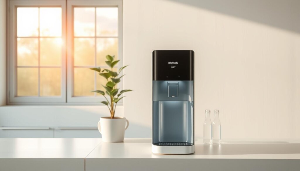 A serene and minimalist setting featuring a sleek and modern hydrogen water dispenser as the focal point. The dispenser is positioned on a clean, white countertop, with a potted plant and a few small glass bottles in the background, suggesting a wellness-focused environment. Warm, natural lighting filters in through a large window, casting a soft glow on the scene. The overall atmosphere is one of simplicity, tranquility, and a focus on holistic health and hydration.