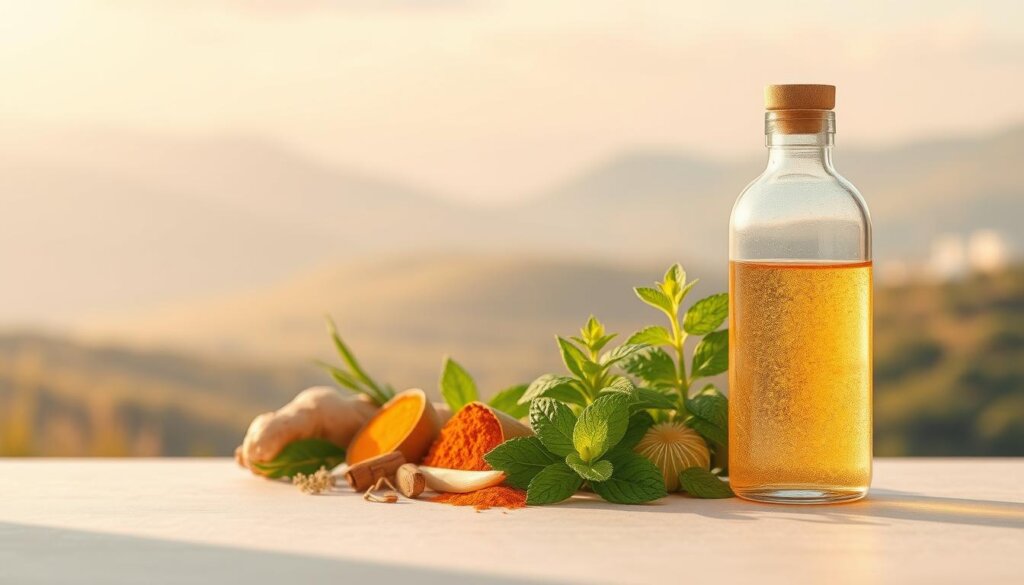 A serene and soothing illustration of a wellness group's digestion support supplement. In the foreground, a transparent glass bottle filled with a golden, effervescent liquid, exuding a sense of natural, restorative power. In the middle ground, an array of fresh, vibrant herbs and botanicals - ginger, turmeric, fennel, and peppermint - arranged in a harmonious composition, symbolizing the key ingredients that support healthy digestion. The background features a soft, blurred landscape of rolling hills and a calming, pastel sky, creating a tranquil, spa-like atmosphere. The lighting is warm and diffused, casting a gentle glow over the scene, conveying a sense of balance, vitality, and inner wellness.
