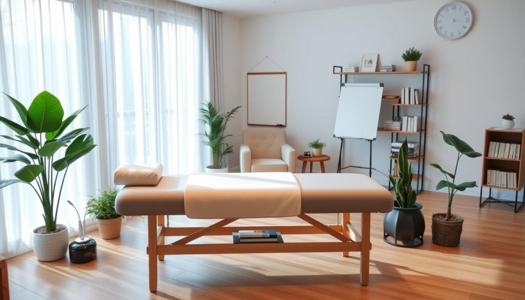 A serene and well-equipped therapy room with natural lighting streaming through large windows. In the foreground, an ergonomic massage table is positioned, surrounded by soothing plants and essential oil diffusers. The middle ground features a cozy armchair and side table, perfect for one-on-one counseling sessions. In the background, a wall-mounted whiteboard and shelves stocked with therapeutic resources create a professional, yet calming atmosphere. The overall mood is one of tranquility and healing, inviting patients to fully engage in their recovery journey.