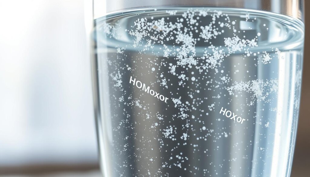 A serene, close-up view of a transparent glass filled with crystal-clear, sparkling hydrogen-rich water. The liquid gently ripples, reflecting the soft, natural light that streams in through a nearby window. Vibrant hydrogen molecules, represented as small, ethereal spheres, are suspended within the water, creating a mesmerizing, effervescent effect. The background is blurred, keeping the focus squarely on the captivating, science-infused water. An atmosphere of purity, tranquility, and the promise of wellness pervades the scene.