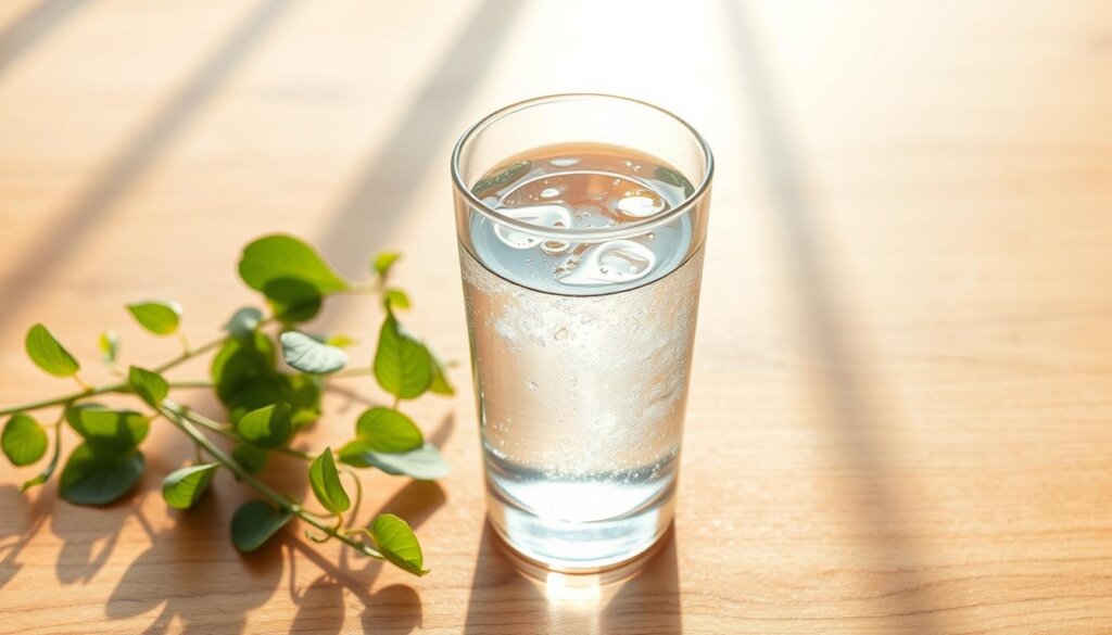 A serene, sunlit scene of a glass of clear, sparkling water resting on a smooth, polished wooden surface. Gentle rays of light filter through the liquid, casting delicate reflections and highlights that dance across the surface. Surrounding the glass, a smattering of fresh green leaves and vibrant, healthy-looking stems suggest the presence of thriving, hydrogen-rich plant life. The overall atmosphere is one of tranquility, wellness, and the subtle, yet tangible, indicators of positive change.