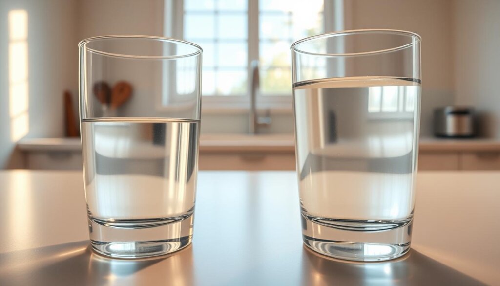 A side-by-side comparison of hydrogen-infused water and reverse osmosis (RO) water. In the foreground, two crystal-clear glasses filled with the distinct liquids, their surfaces reflecting the warm, indirect lighting. The middle ground showcases a clean, minimalist kitchen counter, with the glasses resting atop a simple white surface. In the background, a softly blurred window allows natural daylight to filter in, creating a serene, almost ethereal atmosphere. The scene conveys a sense of purity, clarity and invites the viewer to closely examine the subtle differences between the two water samples.
