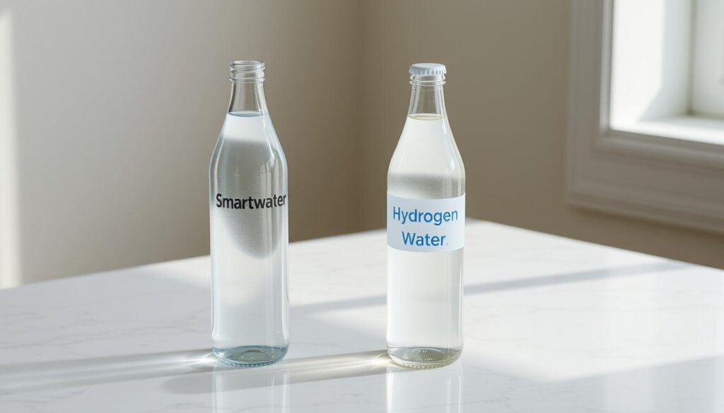 A sleek and minimalist still life showcasing two glass bottles, one labeled "Smartwater" and the other "Hydrogen Water". The bottles are positioned side-by-side on a white marble surface, illuminated by soft, natural lighting from a window. The bottles have a clean, modern aesthetic, with their labels prominently displayed. The background is a muted, neutral color, allowing the bottles to be the focal point. The image conveys a sense of purity, innovation, and a comparison between the two types of water, inviting the viewer to explore their differences and similarities.