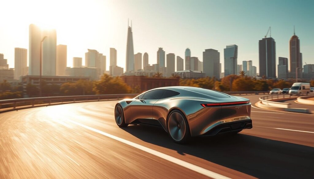 A sleek, futuristic hydrogen-powered vehicle glides effortlessly down a smooth, winding road, its clean, aerodynamic design cutting through the air. The sun casts a warm, golden glow over the scene, highlighting the vehicle's shimmering metallic exterior. In the background, towering skyscrapers and bustling city streets provide a modern, urban backdrop, hinting at the widespread adoption of hydrogen technology in transportation. The image conveys a sense of progress, sustainability, and the promise of a cleaner, more efficient future for mobility.
