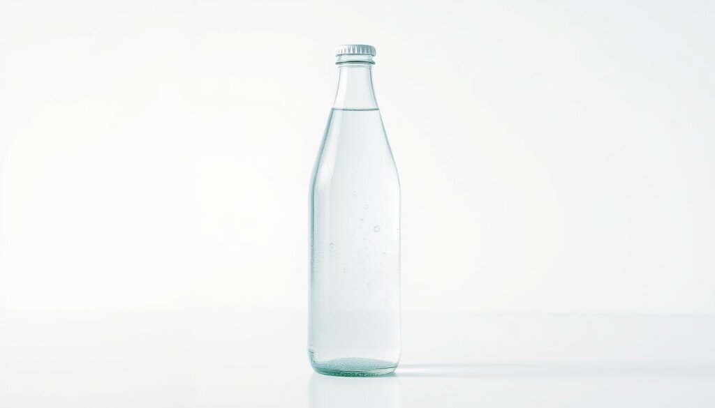 A sleek, modern glass bottle filled with clear, sparkling hydrogen-enriched water, standing on a minimalist white surface. The bottle's design is stylish and streamlined, with a subtle metallic cap. Soft, natural lighting illuminates the water, highlighting its purity and transparency. The background is a simple, clean white, allowing the bottle to be the focus of attention. The overall mood is one of purity, simplicity, and wellness, reflecting the benefits of incorporating hydrogen water into one's daily life.