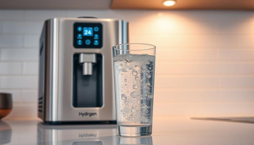 A sleek, modern hydrogen water machine sits prominently on a kitchen countertop, its gleaming stainless steel exterior reflecting the warm lighting overhead. The machine's control panel displays clear, intuitive icons, indicating its various water capacity settings. In the foreground, a glass of freshly filtered, hydrogen-infused water stands, its bubbles gently rising to the surface, hinting at the machine's efficient and effective water treatment capabilities. The background features a minimalist, white-tiled wall, emphasizing the machine's clean, contemporary design. The overall scene conveys a sense of quality, functionality, and wellness, capturing the essence of a high-performance hydrogen water appliance suitable for a Malaysian household.