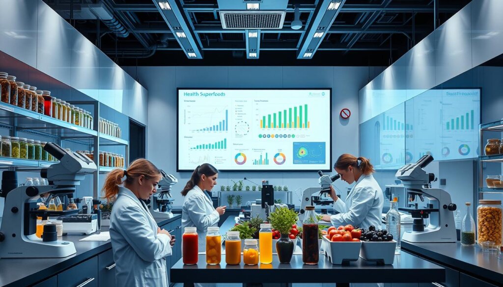 A sleek, modern laboratory interior with state-of-the-art scientific equipment. In the foreground, a team of researchers in white lab coats carefully examining samples of various superfoods under high-powered microscopes. The middle ground features shelves stocked with jars and test tubes filled with vibrant, nutrient-dense ingredients. The background showcases a large display screen projecting detailed graphs and charts, illustrating the scientific data and research findings on the health benefits of these superfoods. Soft, directional lighting casts an aura of focused professionalism, while the overall mood conveys a sense of rigorous, evidence-based inquiry. A sleek, modern laboratory interior with state-of-the-art scientific equipment. In the foreground, a team of researchers in white lab coats carefully examining samples of various superfoods under high-powered microscopes. The middle ground features shelves stocked with jars and test tubes filled with vibrant, nutrient-dense ingredients. The background showcases a large display screen projecting detailed graphs and charts, illustrating the scientific data and research findings on the health benefits of these superfoods. Soft, directional lighting casts an aura of focused professionalism, while the overall mood conveys a sense of rigorous, evidence-based inquiry.