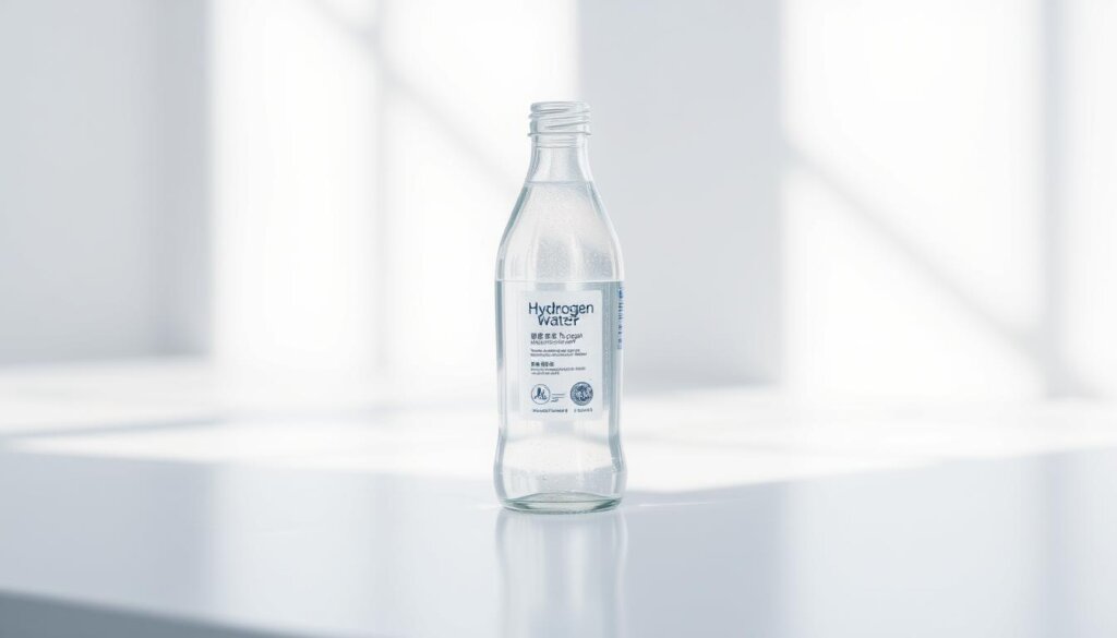 A sleek, modern-looking glass bottle filled with transparent, sparkling liquid, placed on a pristine white surface. The bottle's label features a clean, minimalist design with the words "Hydrogen Water" prominently displayed. Soft, natural lighting bathes the scene, creating a serene, inviting atmosphere. The image conveys a sense of purity, health, and the potential benefits of hydrogen-infused water. The focus is on the bottle, allowing the viewer to clearly see the product and its key characteristics.