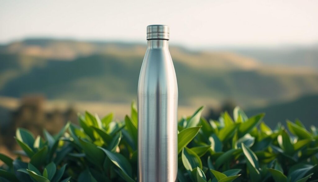 A sleek, stainless steel hydrogen water bottle stands in the foreground, its brushed metal surface reflecting the soft, natural lighting of the scene. The bottle's design is minimalist and modern, with a simple yet elegant silhouette. In the middle ground, the bottle is surrounded by lush, verdant plants, their leaves gently swaying in a light breeze. The background features a tranquil, serene landscape, with rolling hills and a clear, blue sky overhead. The overall mood is one of wellness, rejuvenation, and a connection to nature, perfectly complementing the purpose of the hydrogen water bottle.
