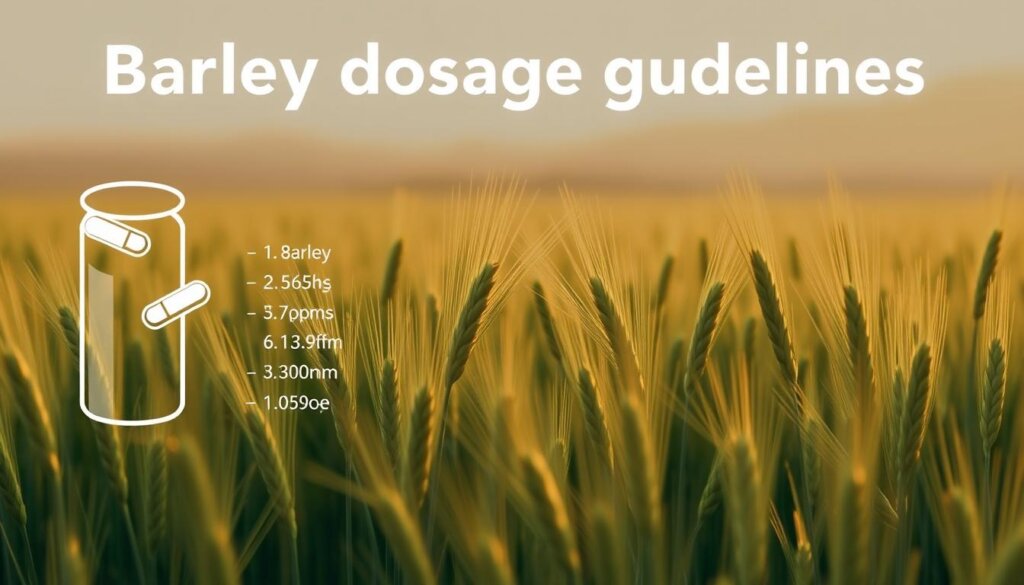 A stylized illustration depicting detailed barley dosage guidelines. The foreground showcases a clean, minimalist diagram of barley capsules or tablets with clear dosage information. The middle ground features a tranquil, lush field of barley stalks swaying gently in warm, soft lighting. The background has a subtle, calming gradient that enhances the natural, herbal atmosphere. The overall composition strikes a balance between informative clarity and a serene, botanical ambiance suitable for a health and wellness article.
