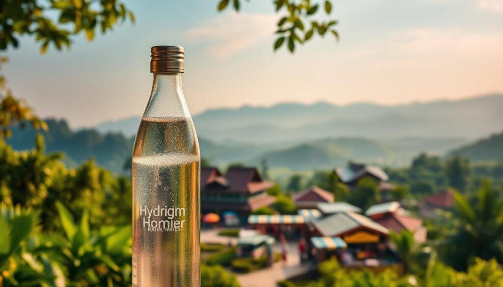 A tranquil scene set in the lush, verdant landscapes of Malaysia. In the foreground, a sleek metal water bottle glistens, filled with the crisp, clear essence of hydrogen-infused water. The mid-ground features a picturesque town, with traditional Malaysian architecture and vibrant market stalls, all bathed in warm, golden sunlight. In the distance, rolling hills and a hazy blue sky create a serene, calming atmosphere. The overall composition exudes a sense of wellness, health, and the natural wonders of Malaysia.