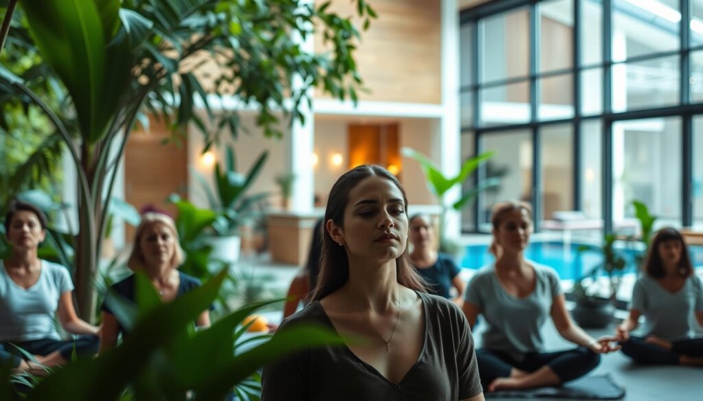 A tranquil wellness center nestled in a lush garden setting. In the foreground, a group of people engaged in a mindfulness meditation session, their faces serene and expressions calm. The middle ground features a modern, light-filled reception area with natural wood accents and potted plants. In the background, a glimpse of an indoor pool and yoga studio, bathed in warm, diffused lighting. The atmosphere exudes a sense of holistic well-being and rejuvenation, inviting visitors to find guidance and support on their journey to optimum health.