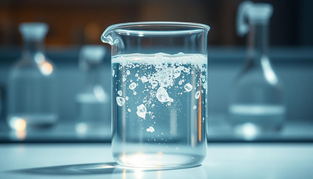 A transparent glass beaker filled with clear, effervescent hydrogen-infused water, resting on a sleek, minimalist laboratory bench. The liquid gently bubbles, reflecting the soft, indirect lighting that bathes the scene in a warm, natural glow. Crystalline water droplets cling to the sides of the beaker, hinting at the crisp, refreshing nature of the drink. The background is blurred, keeping the focus solely on the captivating, shimmering hydrogen water, showcasing its purity and scientific appeal.