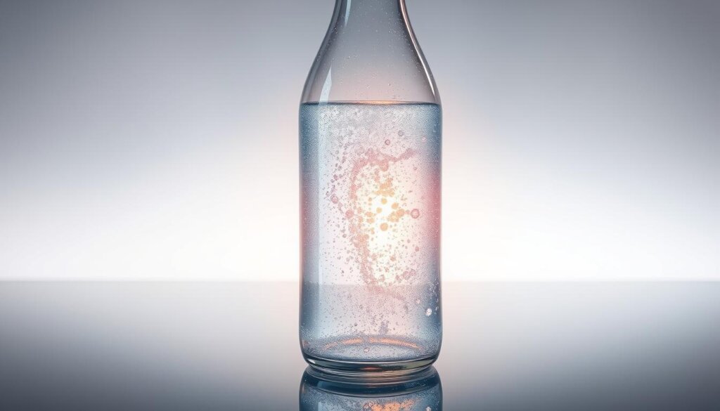 A transparent glass bottle filled with sparkling, iridescent water, capturing the essence of hydrogen-infused liquid. Diffused sunlight streams through the bottle, casting a soft glow and highlighting the subtle bubbles within. The bottle's surface reflects the light, creating a mesmerizing, almost holographic effect. The scene is set against a minimalist, serene background, allowing the captivating water to take center stage. The overall atmosphere conveys a sense of purity, innovation, and the natural power of hydrogen-enriched water. A transparent glass bottle filled with sparkling, iridescent water, capturing the essence of hydrogen-infused liquid. Diffused sunlight streams through the bottle, casting a soft glow and highlighting the subtle bubbles within. The bottle's surface reflects the light, creating a mesmerizing, almost holographic effect. The scene is set against a minimalist, serene background, allowing the captivating water to take center stage. The overall atmosphere conveys a sense of purity, innovation, and the natural power of hydrogen-enriched water.