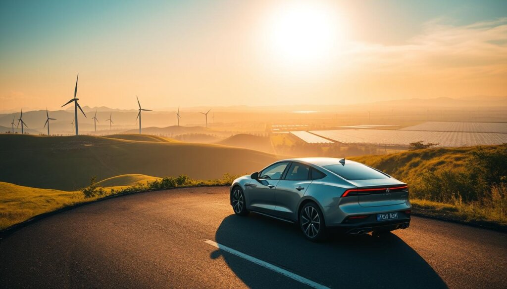 A vast Malaysian landscape, bathed in warm afternoon light. In the foreground, a sleek, modern hydrogen-powered car glides along a winding road, its emission-free exhaust a testament to a greener future. Beyond, towering wind turbines dot the rolling hills, their graceful blades cutting through the air. In the distance, a shimmering solar farm stretches as far as the eye can see, harnessing the abundant sunlight to power the nation's transition to renewable energy. The scene conveys a harmonious blend of technology and nature, a vision of Malaysia's pivotal role in the hydrogen revolution and its commitment to a low-carbon, sustainable tomorrow.