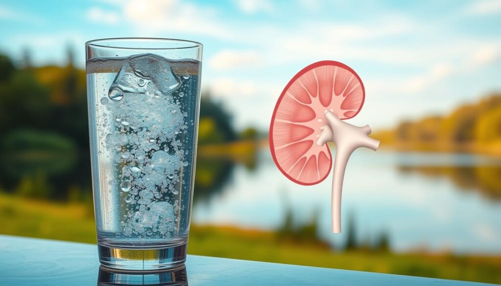 A vibrant and serene image of hydrogen-infused water and the human kidney. In the foreground, a transparent glass of shimmering, effervescent water, with delicate bubbles rising to the surface. The middle ground showcases a detailed anatomical cross-section of the kidney, its intricate structure rendered in soft, muted tones. The background features a calming, naturalistic landscape, with lush greenery and a serene body of water reflecting the sky's soft, diffused light. The overall scene conveys a sense of harmony and balance, emphasizing the potential therapeutic benefits of hydrogen water for kidney health. A vibrant and serene image of hydrogen-infused water and the human kidney. In the foreground, a transparent glass of shimmering, effervescent water, with delicate bubbles rising to the surface. The middle ground showcases a detailed anatomical cross-section of the kidney, its intricate structure rendered in soft, muted tones. The background features a calming, naturalistic landscape, with lush greenery and a serene body of water reflecting the sky's soft, diffused light. The overall scene conveys a sense of harmony and balance, emphasizing the potential therapeutic benefits of hydrogen water for kidney health.
