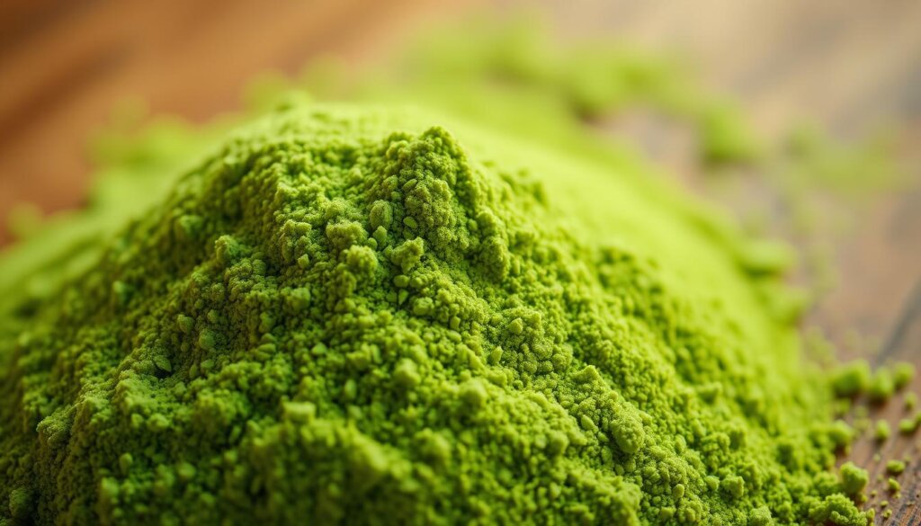 A vibrant close-up of fresh barley grass powder, its lush green hue filling the frame. The powder appears finely milled, with a smooth, silky texture that catches the warm, natural lighting from an angled direction. The background is softly blurred, allowing the powder to take center stage and showcase its inherent healthfulness. The overall mood is one of vitality and wellness, inviting the viewer to experience the potential benefits of this nutritious superfood.